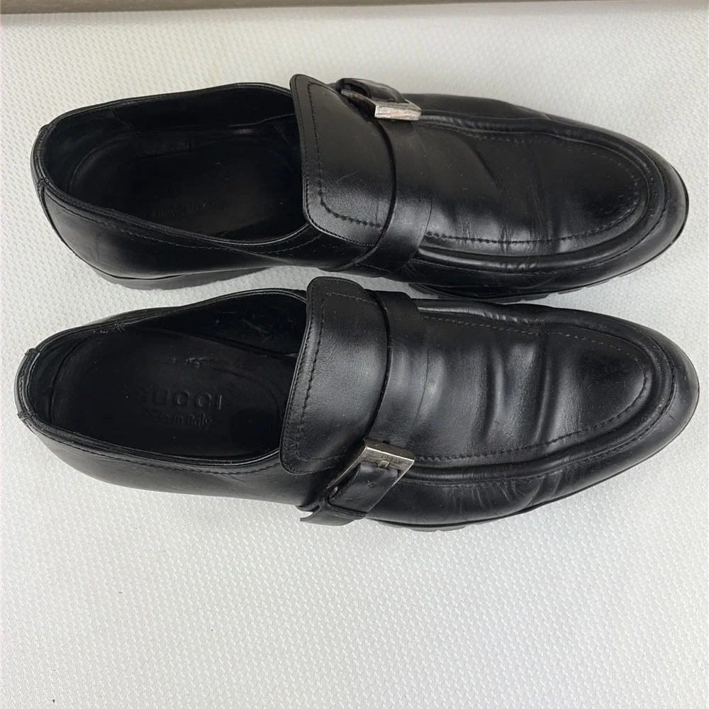 GUCCI Men's Black Leather Buckle Loafers With Rubber Lug Soles, Size 10.5